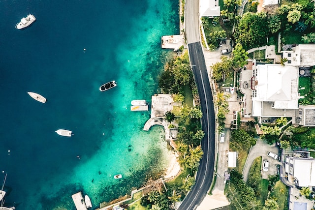 Aeriel view of road and ocean in Bermuda